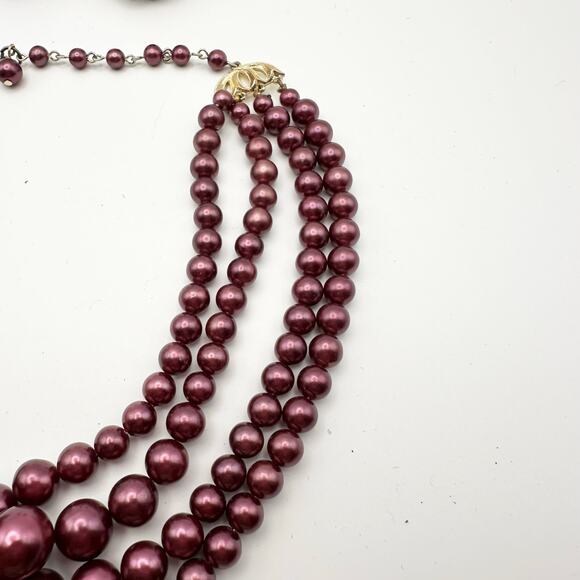 Vintage Japan Purple Metallic Round Bead Four Strand Necklace Clip Earrings Set - Picture 4 of 6